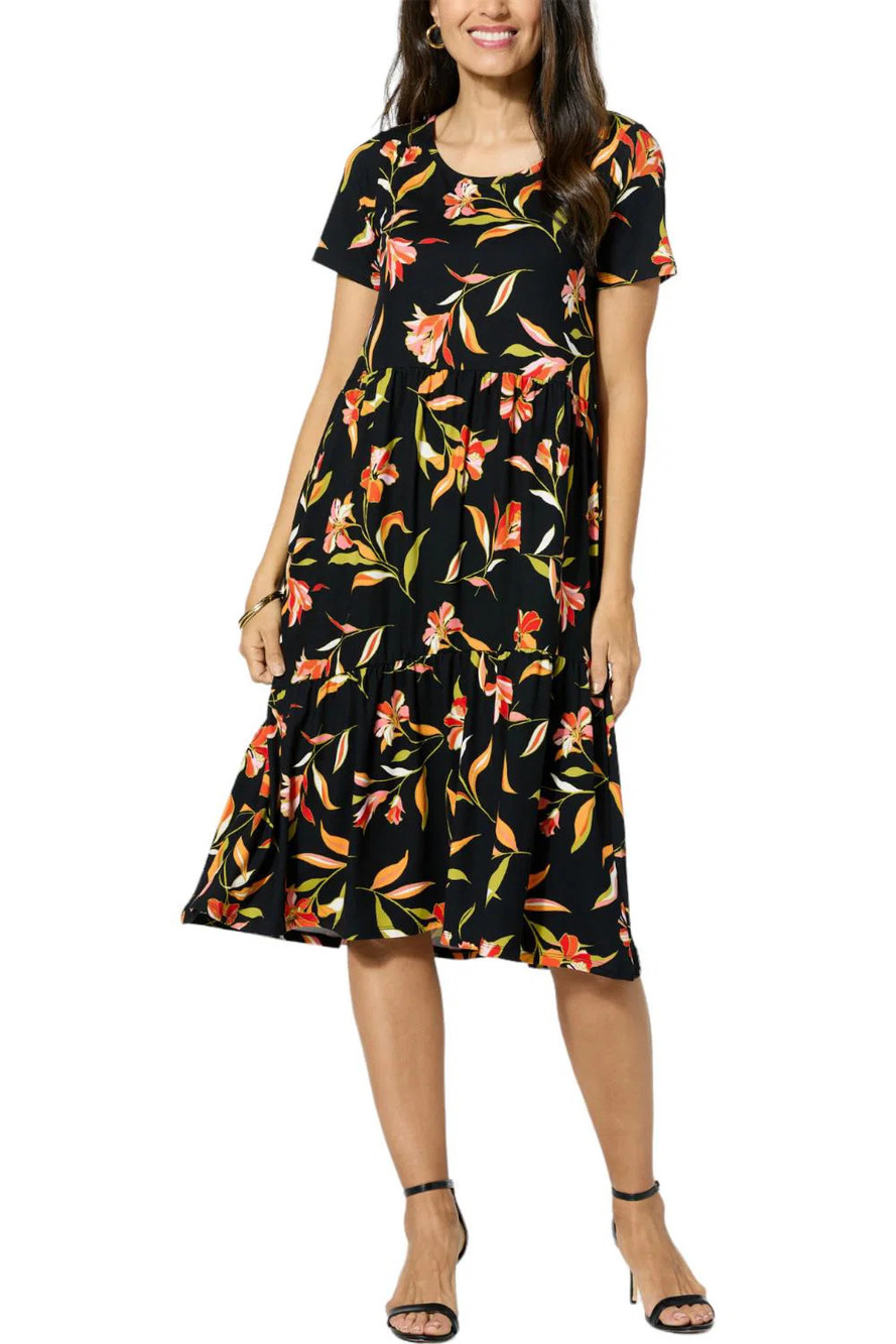 Comfort Code Printed Jersey Knit Tiered-Hem T-shirt Dress Black Floral - Regular